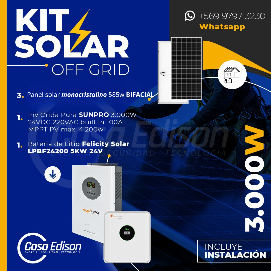 KIT DE ENERGIA SOLAR 3.500W SISTEMA FUERA DE RED (MPPT) INCLUYE INSTALACION (LITIO) 1