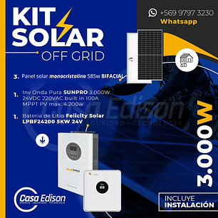KIT DE ENERGIA SOLAR 3.500W SISTEMA FUERA DE RED (MPPT) INCLUYE INSTALACION (LITIO)