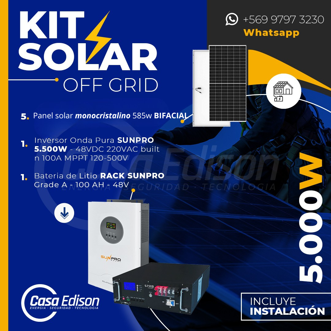 KIT DE ENERGIA SOLAR 5.000W SISTEMA FUERA DE RED (MPPT) INCLUYE INSTALACION (LITIO) 1