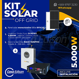 KIT DE ENERGIA SOLAR 5.000W SISTEMA FUERA DE RED (MPPT) INCLUYE INSTALACION (LITIO)