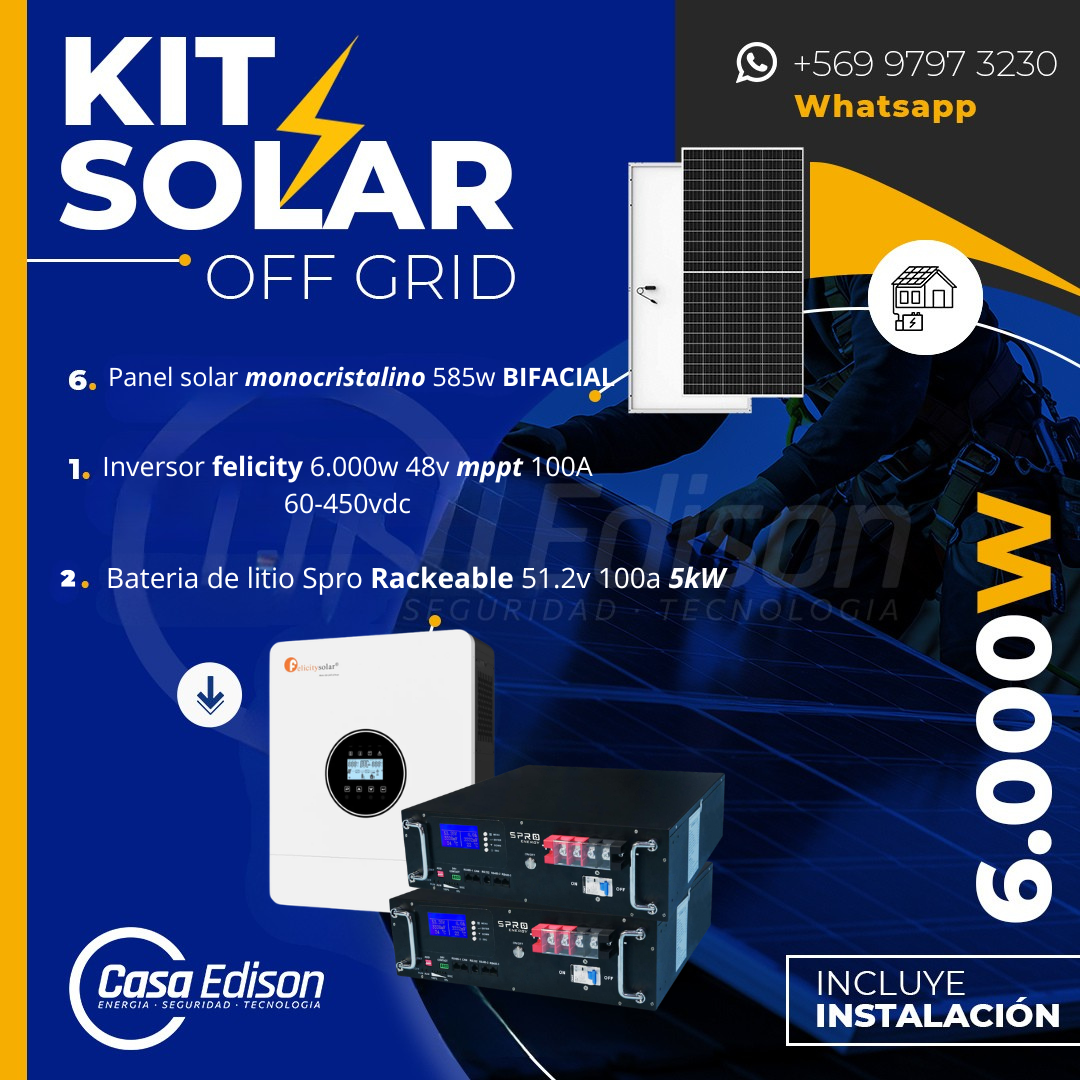 KIT DE ENERGIA SOLAR 6.000W SISTEMA FUERA DE RED (MPPT) INCLUYE INSTALACION (LITIO) 1