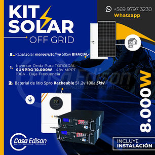 KIT DE ENERGIA SOLAR 8.000W SISTEMA FUERA DE RED (MPPT) INCLUYE INSTALACION (LITIO)