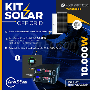 KIT DE ENERGIA SOLAR 10.000W SISTEMA FUERA DE RED (MPPT) INCLUYE INSTALACION (LITIO)