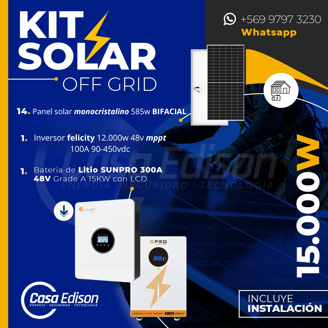 KIT DE ENERGIA SOLAR 15.000W SISTEMA FUERA DE RED (MPPT) INCLUYE INSTALACION (LITIO) 1