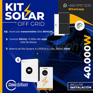 KIT DE ENERGIA SOLAR 40.000W SISTEMA FUERA DE RED (MPPT) INCLUYE INSTALACION (LITIO)