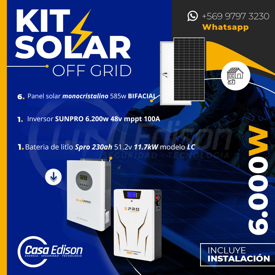 KIT DE ENERGIA SOLAR 6.000W SISTEMA FUERA DE RED (MPPT) INCLUYE INSTALACION (LITIO) 1