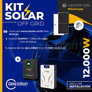 KIT DE ENERGIA SOLAR 12.000W SISTEMA FUERA DE RED (MPPT) INCLUYE INSTALACION (LITIO)
