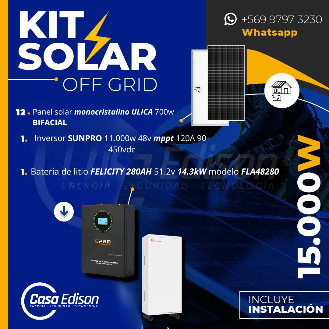 KIT DE ENERGIA SOLAR 15.000W SISTEMA FUERA DE RED (MPPT) INCLUYE INSTALACION (LITIO) 1
