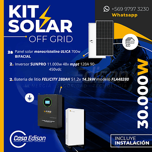 KIT DE ENERGIA SOLAR 30.000W SISTEMA FUERA DE RED (MPPT) INCLUYE INSTALACION (LITIO)