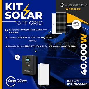 KIT DE ENERGIA SOLAR 40.000W SISTEMA FUERA DE RED (MPPT) INCLUYE INSTALACION (LITIO)