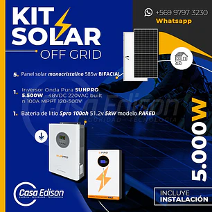 KIT DE ENERGIA SOLAR 5.000W SISTEMA FUERA DE RED (MPPT) INCLUYE INSTALACION (LITIO)