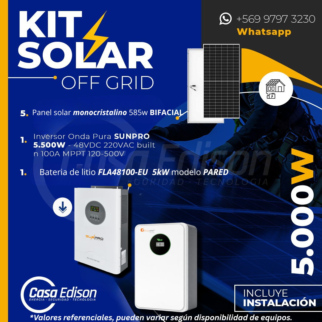KIT DE ENERGIA SOLAR 5.000W SISTEMA FUERA DE RED (MPPT) INCLUYE INSTALACION (LITIO) 1