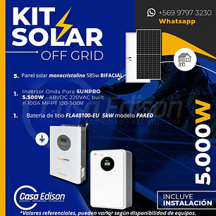 KIT DE ENERGIA SOLAR 5.000W SISTEMA FUERA DE RED (MPPT) INCLUYE INSTALACION (LITIO)