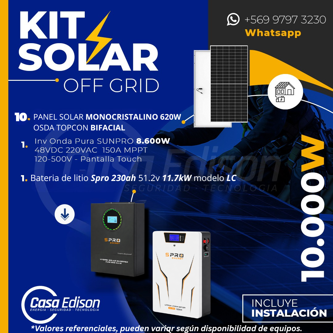KIT DE ENERGIA SOLAR 10.000W SISTEMA FUERA DE RED (MPPT) INCLUYE INSTALACION (LITIO) 1