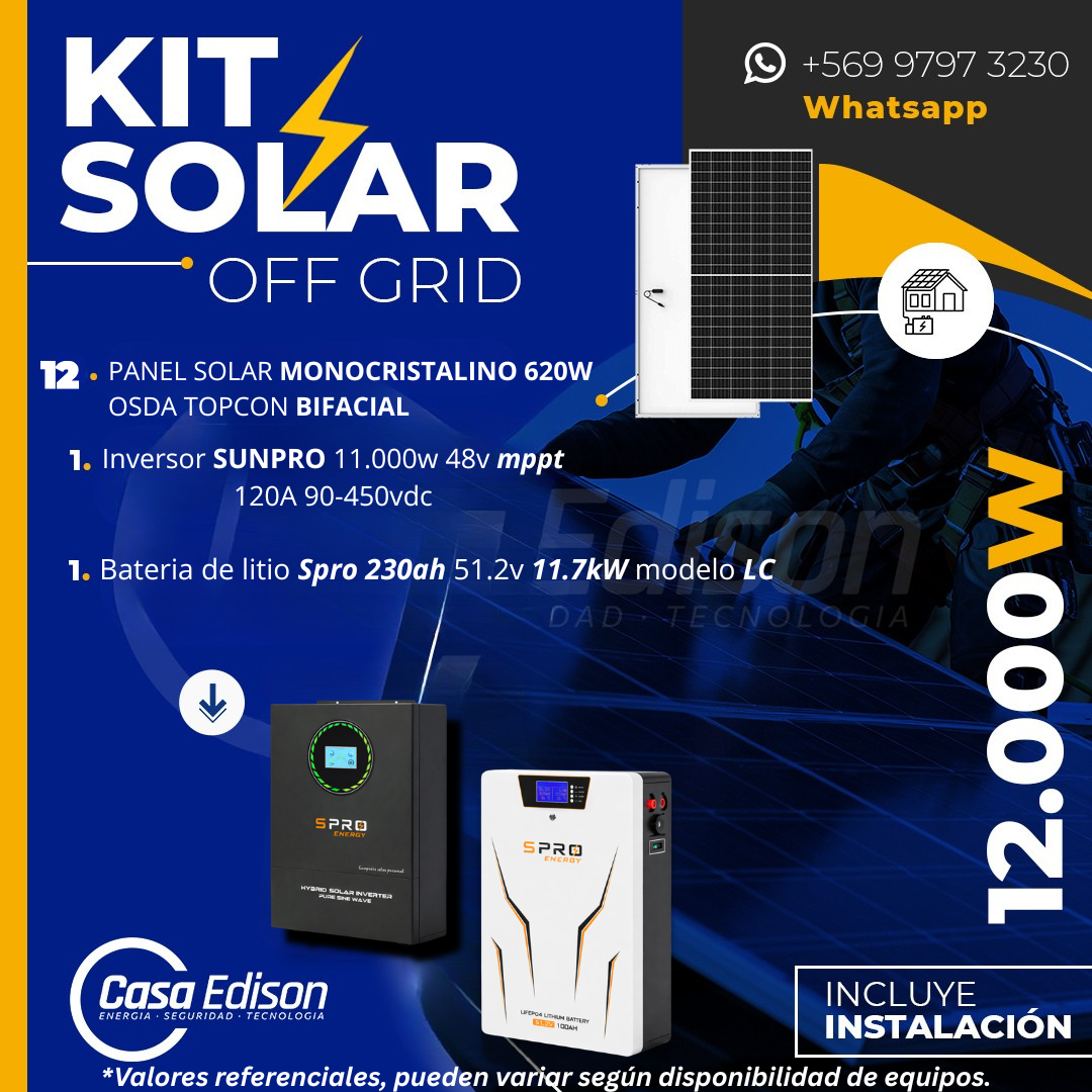 KIT DE ENERGIA SOLAR 12.000W SISTEMA FUERA DE RED (MPPT) INCLUYE INSTALACION (LITIO) 1