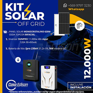 KIT DE ENERGIA SOLAR 12.000W SISTEMA FUERA DE RED (MPPT) INCLUYE INSTALACION (LITIO)