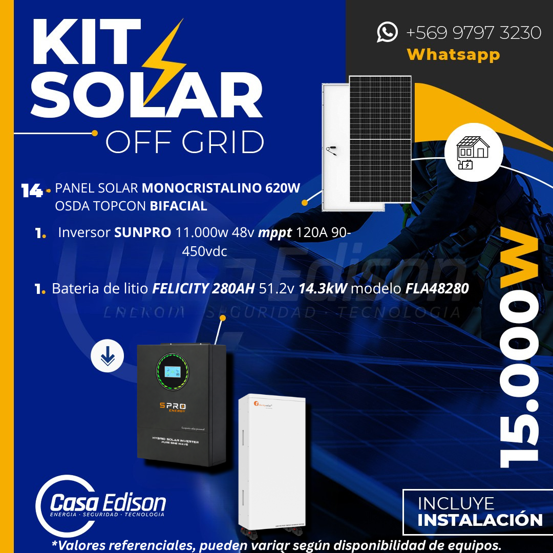 KIT DE ENERGIA SOLAR 15.000W SISTEMA FUERA DE RED (MPPT) INCLUYE INSTALACION (LITIO) 1