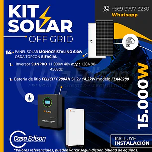 KIT DE ENERGIA SOLAR 15.000W SISTEMA FUERA DE RED (MPPT) INCLUYE INSTALACION (LITIO)