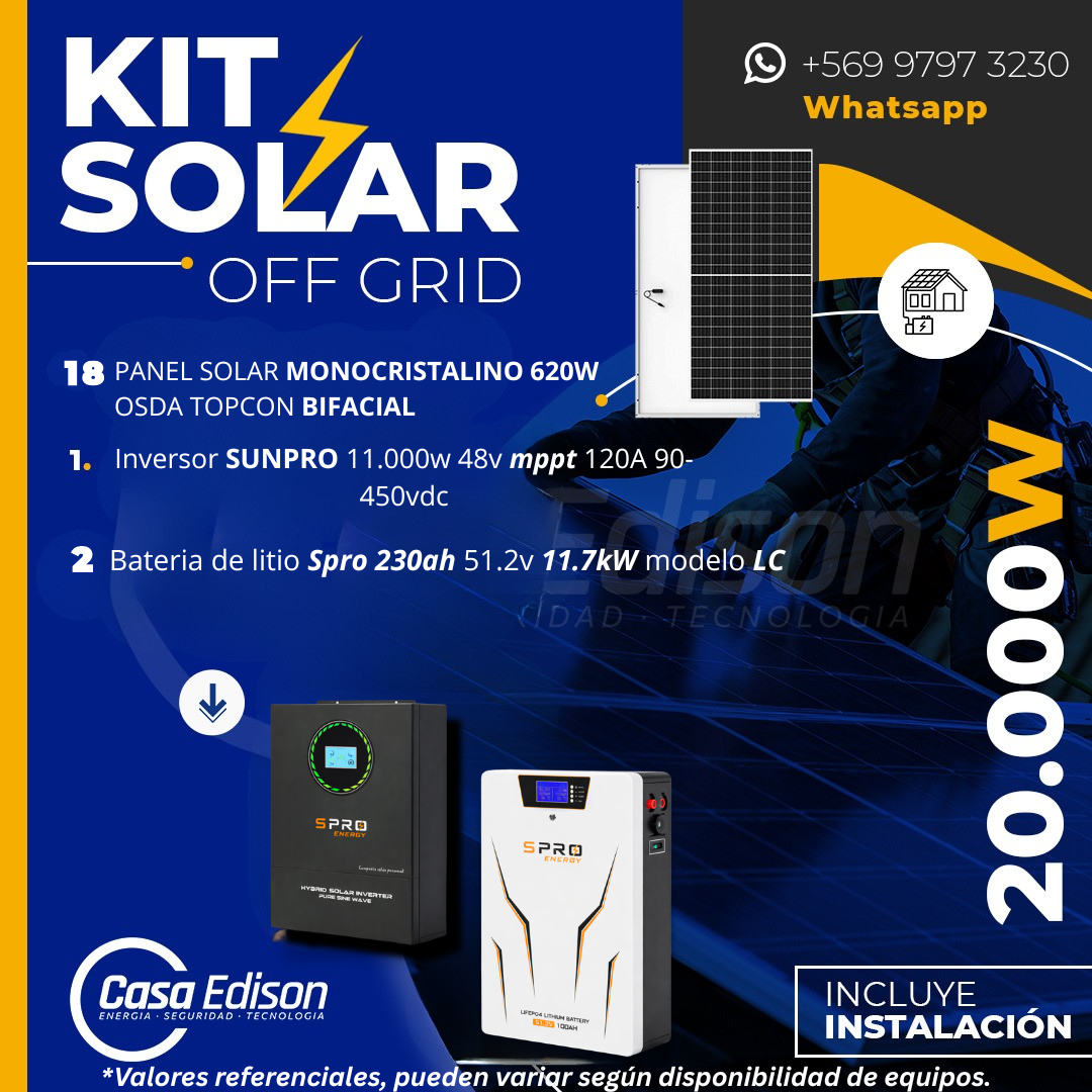 KIT DE ENERGIA SOLAR 20.000W SISTEMA FUERA DE RED (MPPT) INCLUYE INSTALACION (LITIO) 1