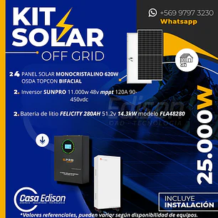 KIT DE ENERGIA SOLAR 25.000W SISTEMA FUERA DE RED (MPPT) INCLUYE INSTALACION (LITIO)