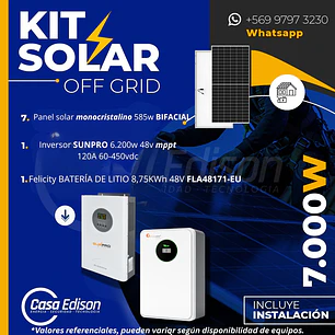 KIT DE ENERGIA SOLAR 7.000W SISTEMA FUERA DE RED (MPPT) INCLUYE INSTALACION (LITIO)