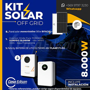 KIT DE ENERGIA SOLAR 8.000W SISTEMA FUERA DE RED (MPPT) INCLUYE INSTALACION (LITIO)