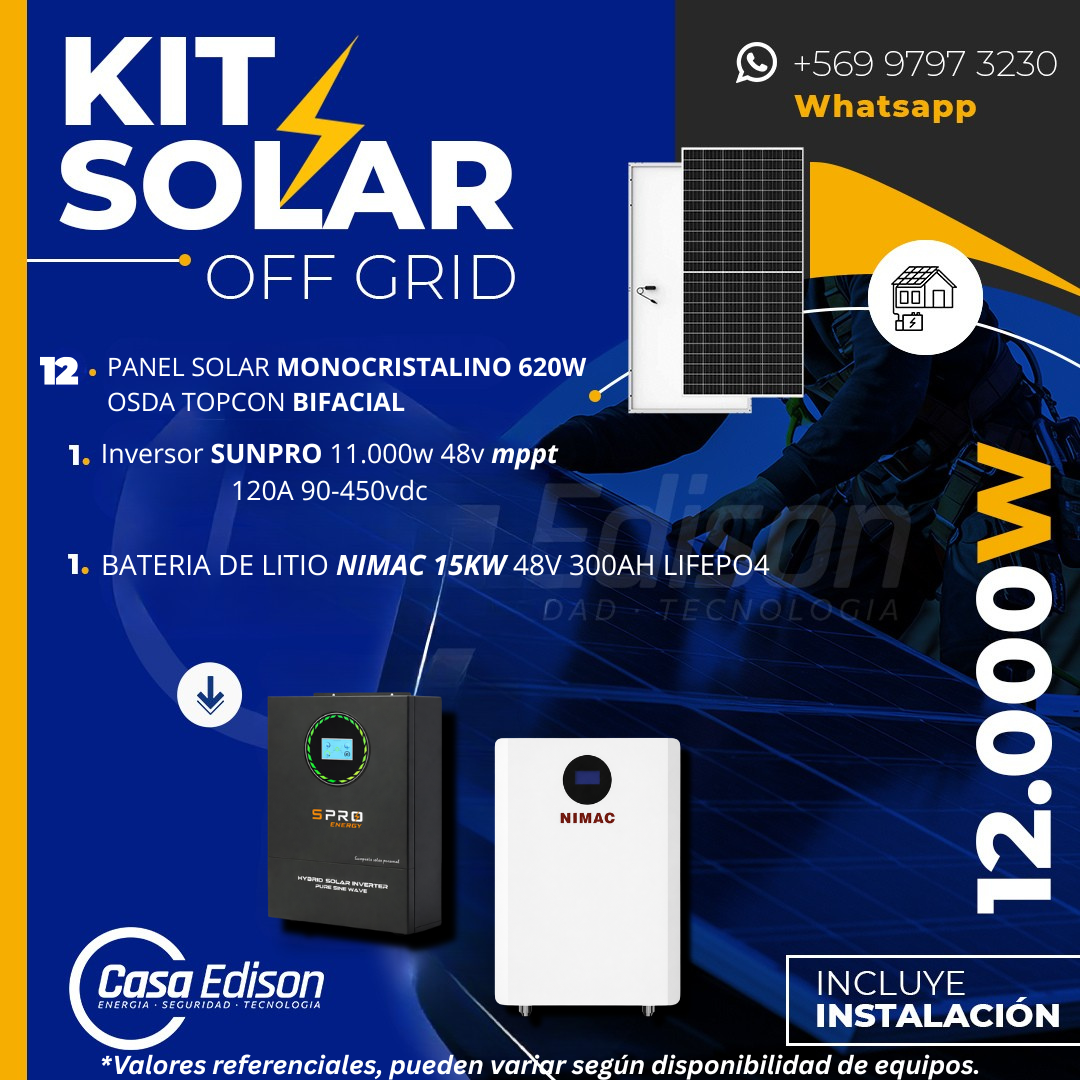 KIT DE ENERGIA SOLAR 12.000W SISTEMA FUERA DE RED (MPPT) INCLUYE INSTALACION (LITIO) 1