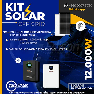 KIT DE ENERGIA SOLAR 12.000W SISTEMA FUERA DE RED (MPPT) INCLUYE INSTALACION (LITIO)