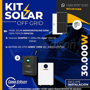 KIT DE ENERGIA SOLAR 30.000W SISTEMA FUERA DE RED (MPPT) INCLUYE INSTALACION (LITIO)