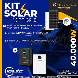 KIT DE ENERGIA SOLAR 40.000W SISTEMA FUERA DE RED (MPPT) INCLUYE INSTALACION (LITIO)