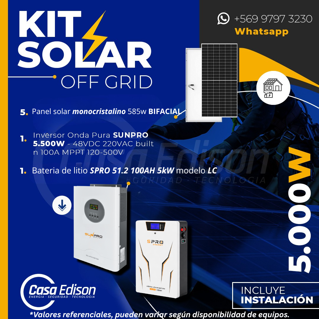 KIT DE ENERGIA SOLAR 5.000W SISTEMA FUERA DE RED (MPPT) INCLUYE INSTALACION (LITIO) 1