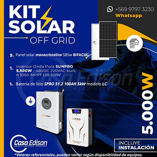 KIT DE ENERGIA SOLAR 5.000W SISTEMA FUERA DE RED (MPPT) INCLUYE INSTALACION (LITIO)