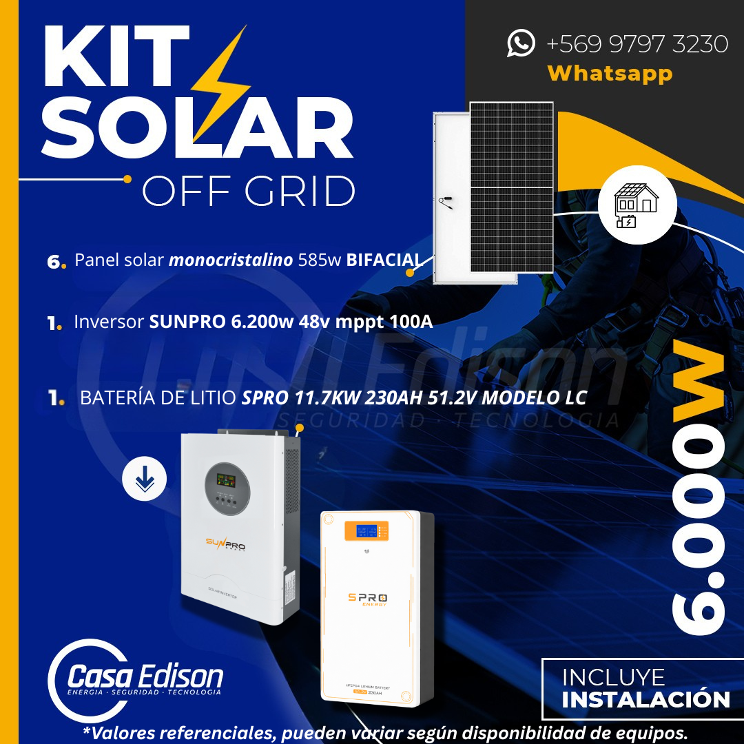 KIT DE ENERGIA SOLAR 6.000W SISTEMA FUERA DE RED (MPPT) INCLUYE INSTALACION (LITIO) 1