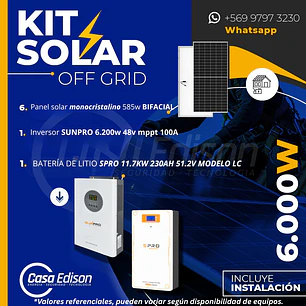 KIT DE ENERGIA SOLAR 6.000W SISTEMA FUERA DE RED (MPPT) INCLUYE INSTALACION (LITIO)