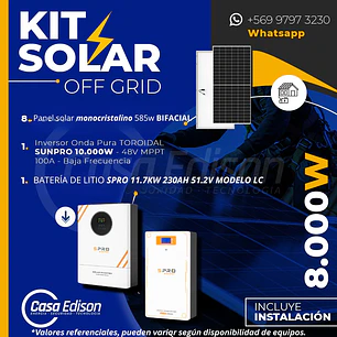 KIT DE ENERGIA SOLAR 8.000W SISTEMA FUERA DE RED (MPPT) INCLUYE INSTALACION (LITIO)