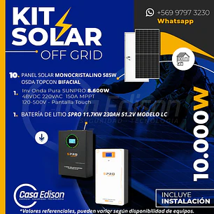 KIT DE ENERGIA SOLAR 10.000W SISTEMA FUERA DE RED (MPPT) INCLUYE INSTALACION (LITIO)