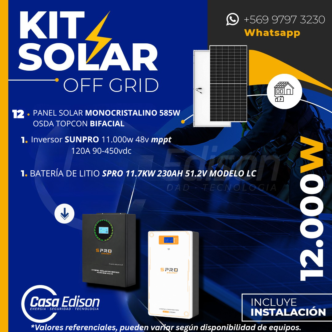 KIT DE ENERGIA SOLAR 12.000W SISTEMA FUERA DE RED (MPPT) INCLUYE INSTALACION (LITIO) 1