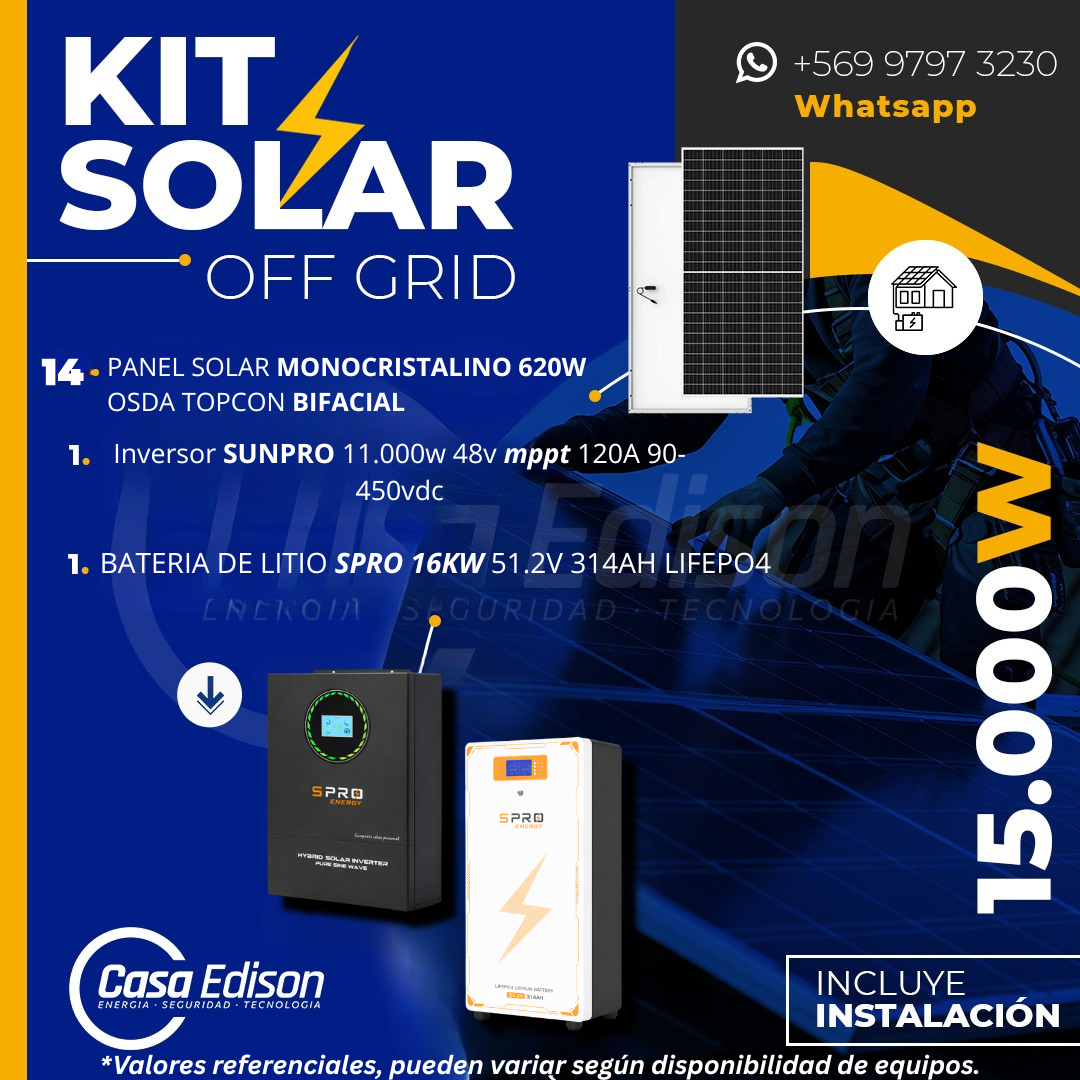 KIT DE ENERGIA SOLAR 15.000W SISTEMA FUERA DE RED (MPPT) INCLUYE INSTALACION (LITIO) 1