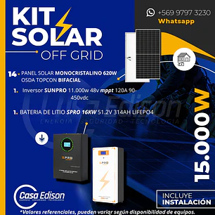 KIT DE ENERGIA SOLAR 15.000W SISTEMA FUERA DE RED (MPPT) INCLUYE INSTALACION (LITIO)