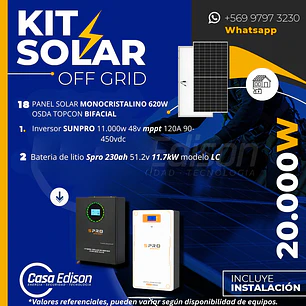 KIT DE ENERGIA SOLAR 20.000W SISTEMA FUERA DE RED (MPPT) INCLUYE INSTALACION (LITIO)