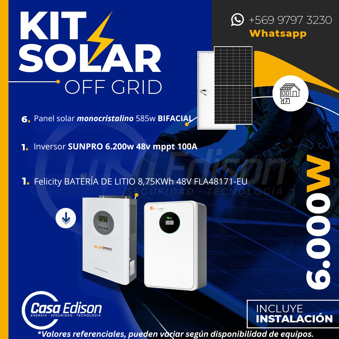 KIT DE ENERGIA SOLAR 6.000W SISTEMA FUERA DE RED (MPPT) INCLUYE INSTALACION (LITIO) 1
