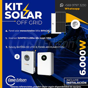KIT DE ENERGIA SOLAR 6.000W SISTEMA FUERA DE RED (MPPT) INCLUYE INSTALACION (LITIO)