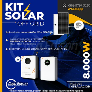 KIT DE ENERGIA SOLAR 8.000W SISTEMA FUERA DE RED (MPPT) INCLUYE INSTALACION (LITIO)