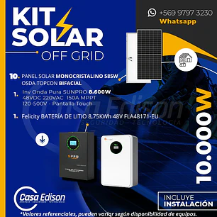 KIT DE ENERGIA SOLAR 10.000W SISTEMA FUERA DE RED (MPPT) INCLUYE INSTALACION (LITIO)