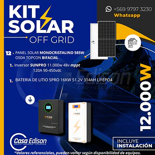KIT DE ENERGIA SOLAR 12.000W SISTEMA FUERA DE RED (MPPT) INCLUYE INSTALACION (LITIO)