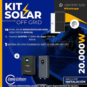 KIT DE ENERGIA SOLAR 20.000W SISTEMA FUERA DE RED (MPPT) INCLUYE INSTALACION (LITIO)