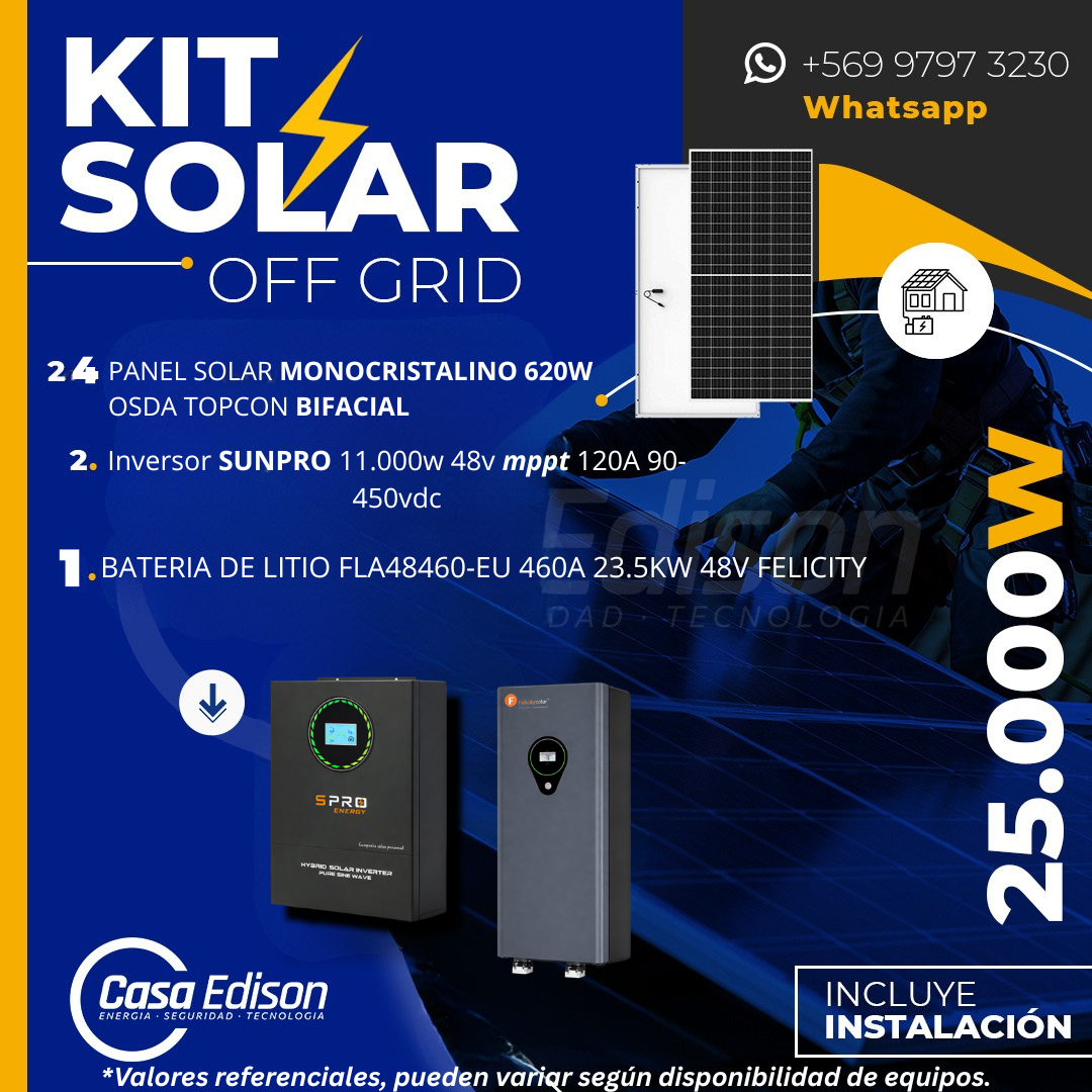 KIT DE ENERGIA SOLAR 25.000W SISTEMA FUERA DE RED (MPPT) INCLUYE INSTALACION (LITIO) 1