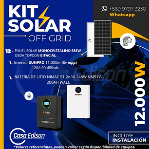 KIT DE ENERGIA SOLAR 12.000W SISTEMA FUERA DE RED (MPPT) INCLUYE INSTALACION (LITIO)