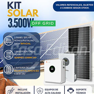 KIT DE ENERGIA SOLAR 3.500W SISTEMA FUERA DE RED (MPPT) INCLUYE INSTALACION (LITIO)