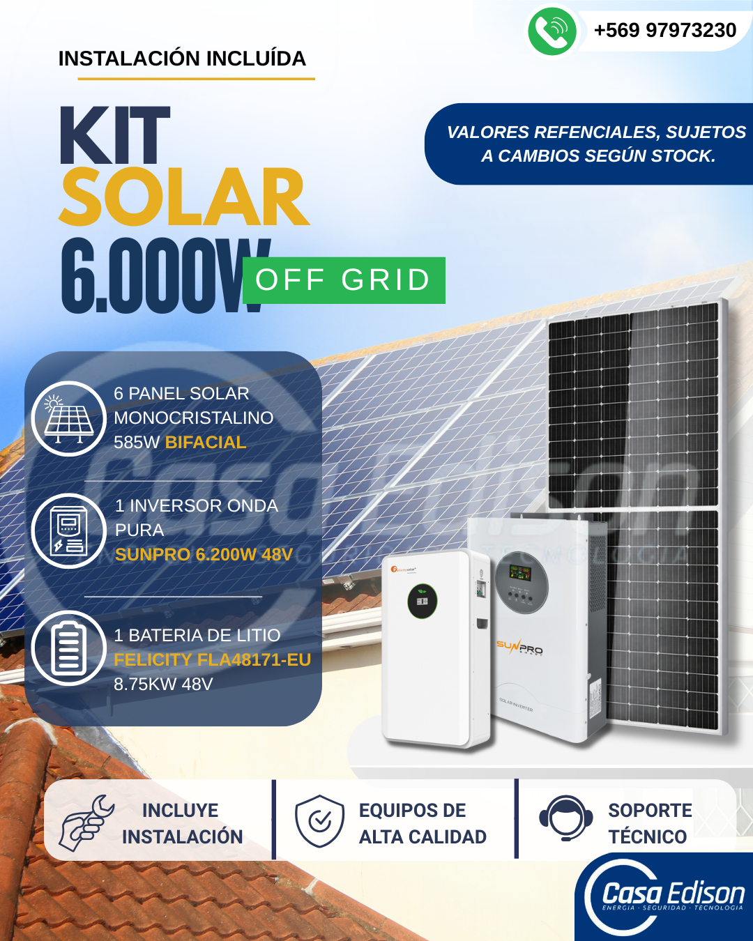 KIT DE ENERGIA SOLAR 6.000W SISTEMA FUERA DE RED (MPPT) INCLUYE INSTALACION (LITIO) 1